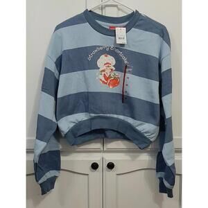 NEW Womens Strawberry Shortcake Cropped Crew Neck Blue Striped Sweatshirt Sz XS